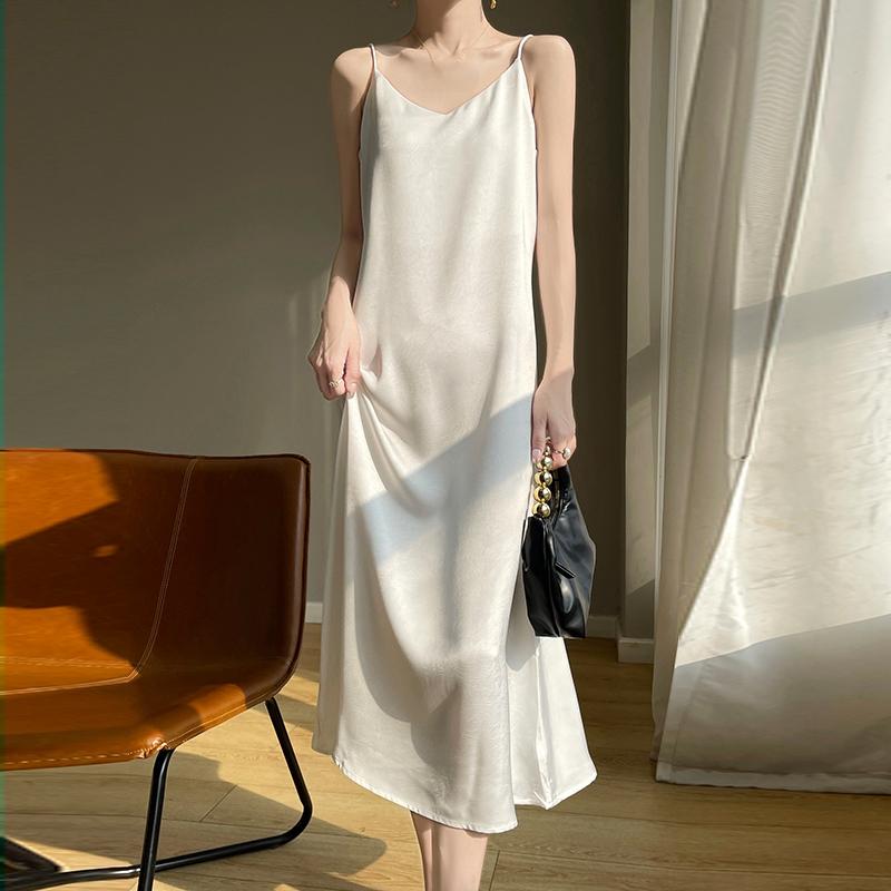 

Летнее новое стильное женское платье из смешанного шелка тутового шелкопряда с тонкой талией, средней и длинной длины, для поездок на работу, модное дышащее повседневное платье L белый