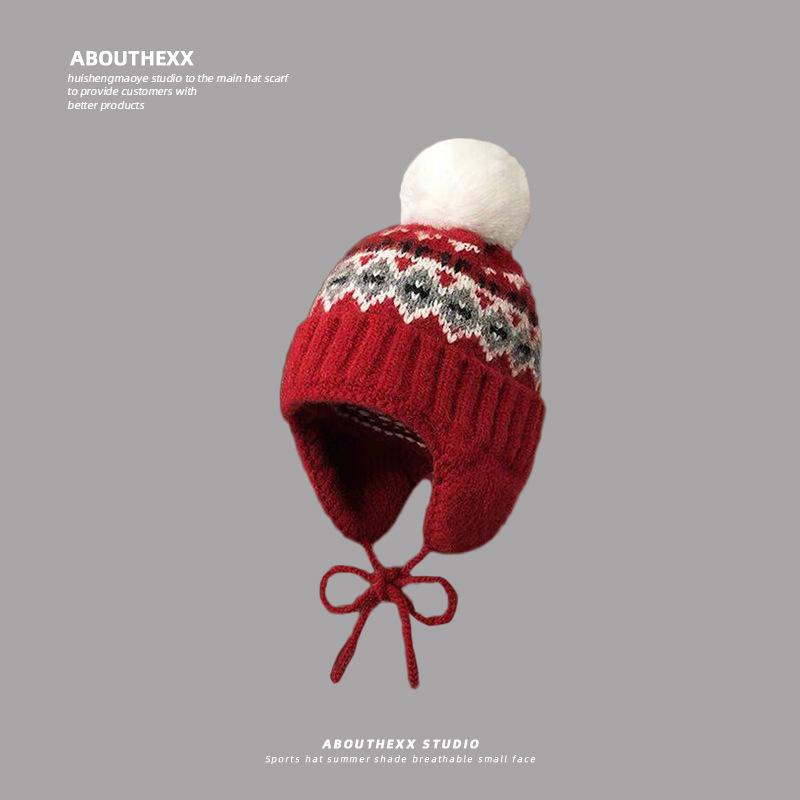 Fair Isle Style Fur Ball Knitted Hat for Women Autumn and Winter Ear Protection Woolen Hat Northeast Thickened Warm Outdoor Pullover Hat Trend