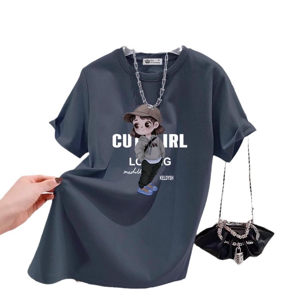 Large Version of Loose T-shirt for Women's Short-sleeved Pure Cotton Summer New Korean Version of Cute Girl Mid-length Top