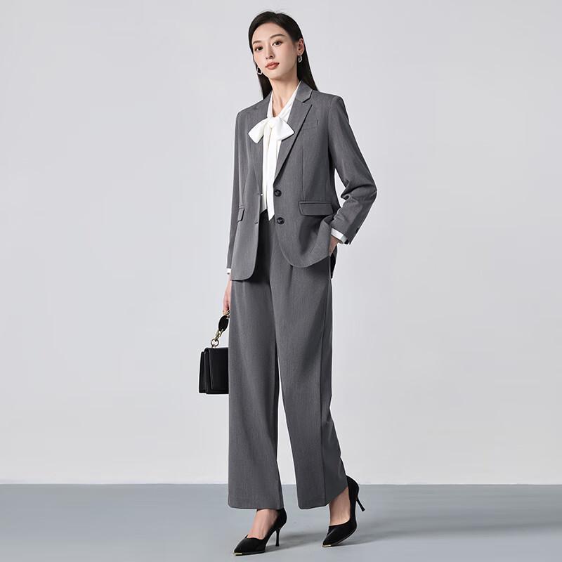Toluoman Women's Grey Relaxed Fit Suit & Wide-Leg Pants Set