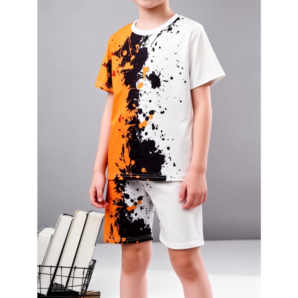 Boys' Casual Short Sleeved Shorts Set, 3D Printed Contrasting Ink Design, Suitable for Weekends and Outdoor Activities
