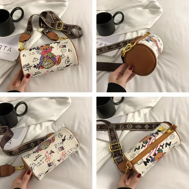 Graffiti Style Boston Bag, Cute Cartoon Cylinder Purse, Women'S Small Crossbody Bag