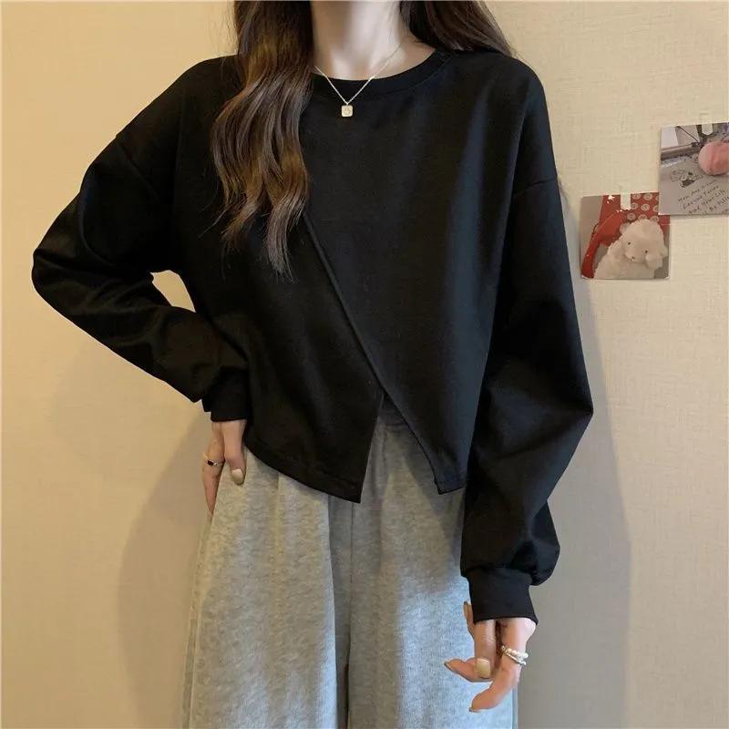 Felpa Corta da Donna Nera Irregolare con Spacco Manica Lunga Top Pullover Largo Casual