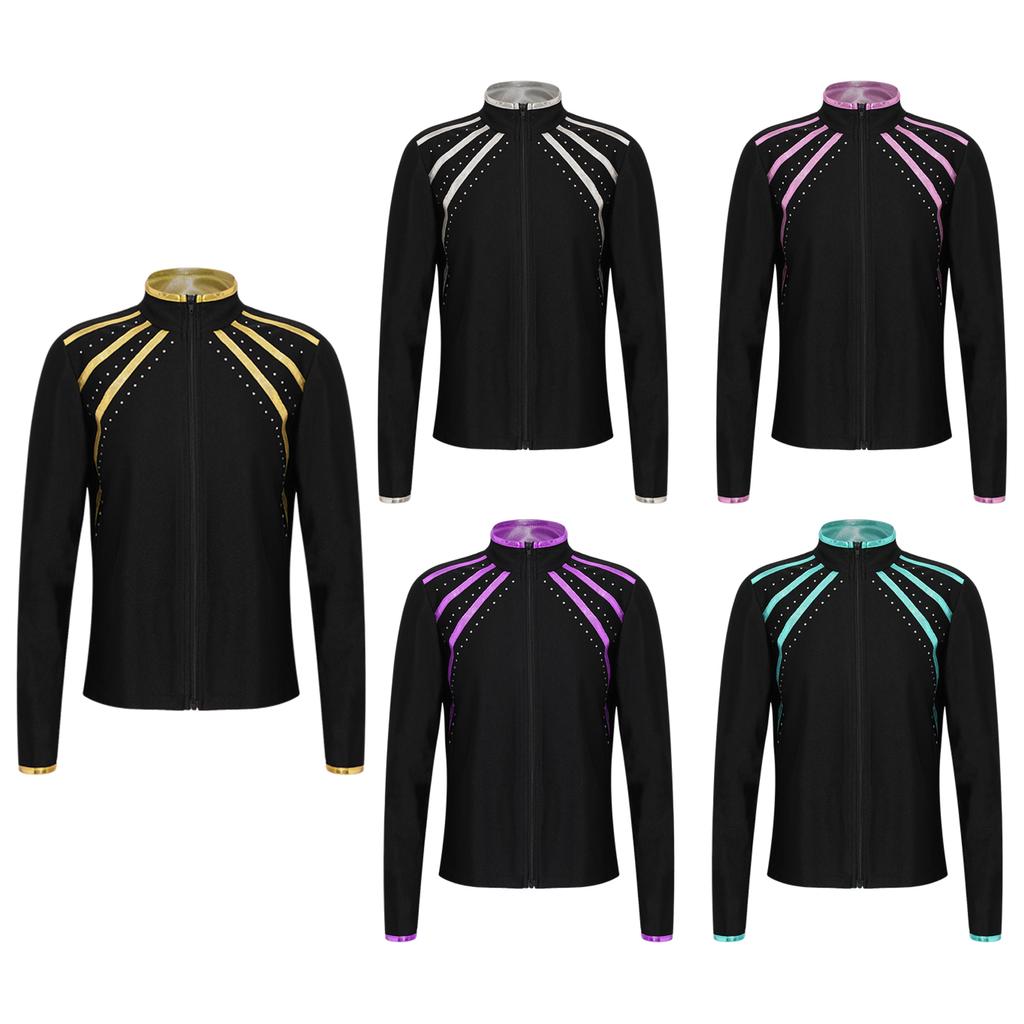 Giacca da riscaldamento per pattinaggio artistico per bambina, a righe metalliche, decorata con strass, colletto alto, manica lunga, con zip, felpa per ginnastica