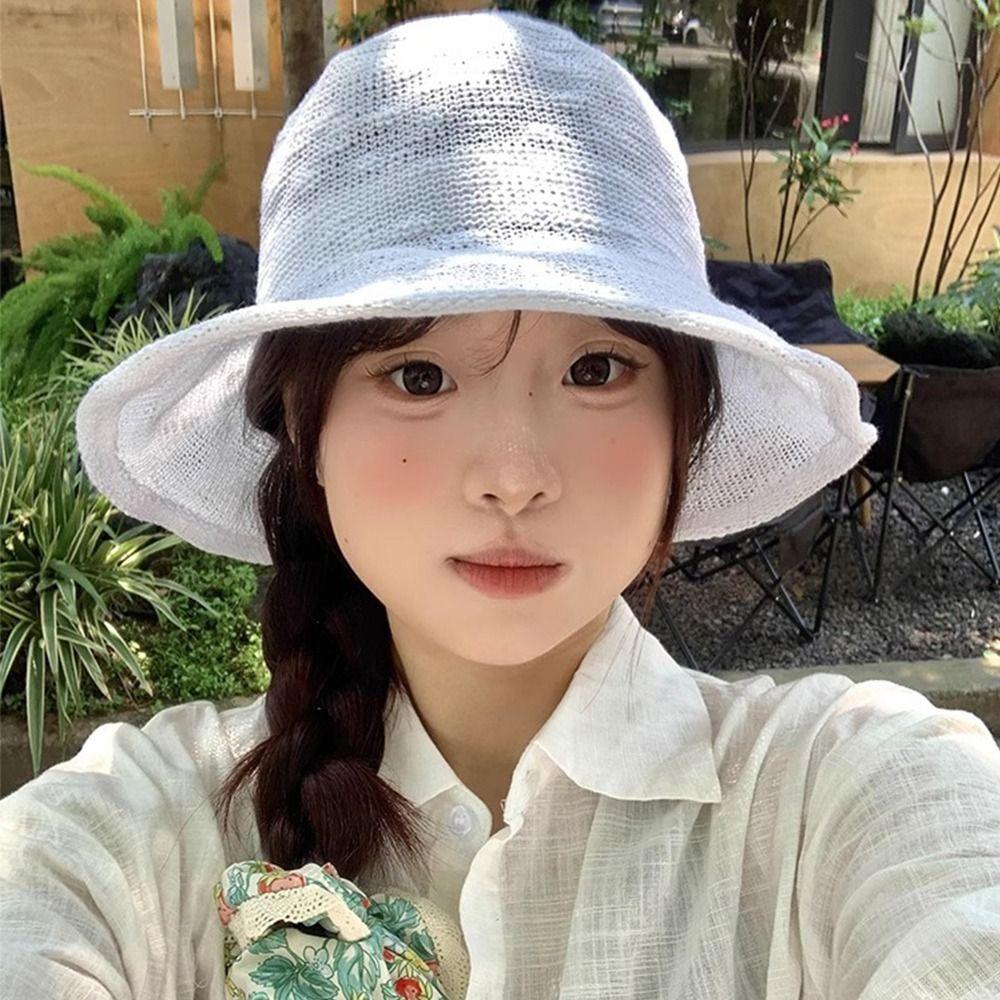 Korean Fisherman Hat Cotton Yarn Basin Cap Foldable Knitted Bucket Hat  Beach