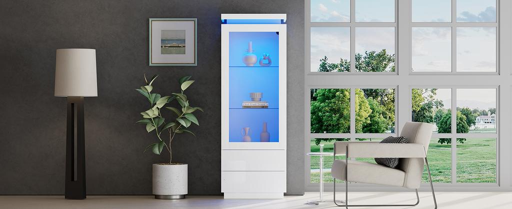 Vetrina 60*40*171cm, Armadio Alto con 2 Cassetti, Vetrina in Vetro ad Alta Lucentezza con LED, Soggiorno con Ante in Vetro e Ante a Ribalta, Bianco