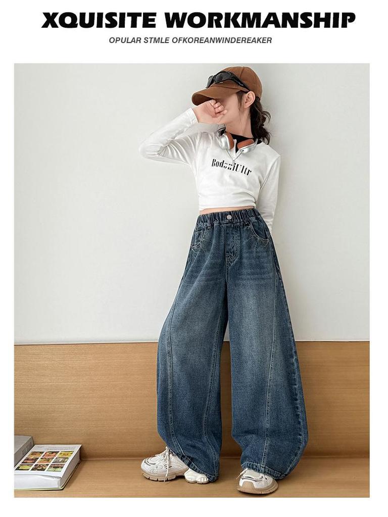 Girls' Trendy Spring/Autumn Wide-Leg Jeans: 2025 Fashionable Scimitar Workwear Pants