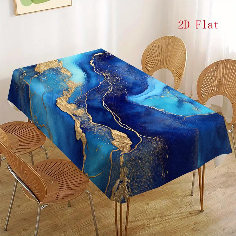 2D Flach 1 Stück - Luxuriöse Blau-Goldene Marmor Muster Tischdecke - Geeignet für Küche, Esszimmer Und Festliche Anlässe - Polyester Rechteckig