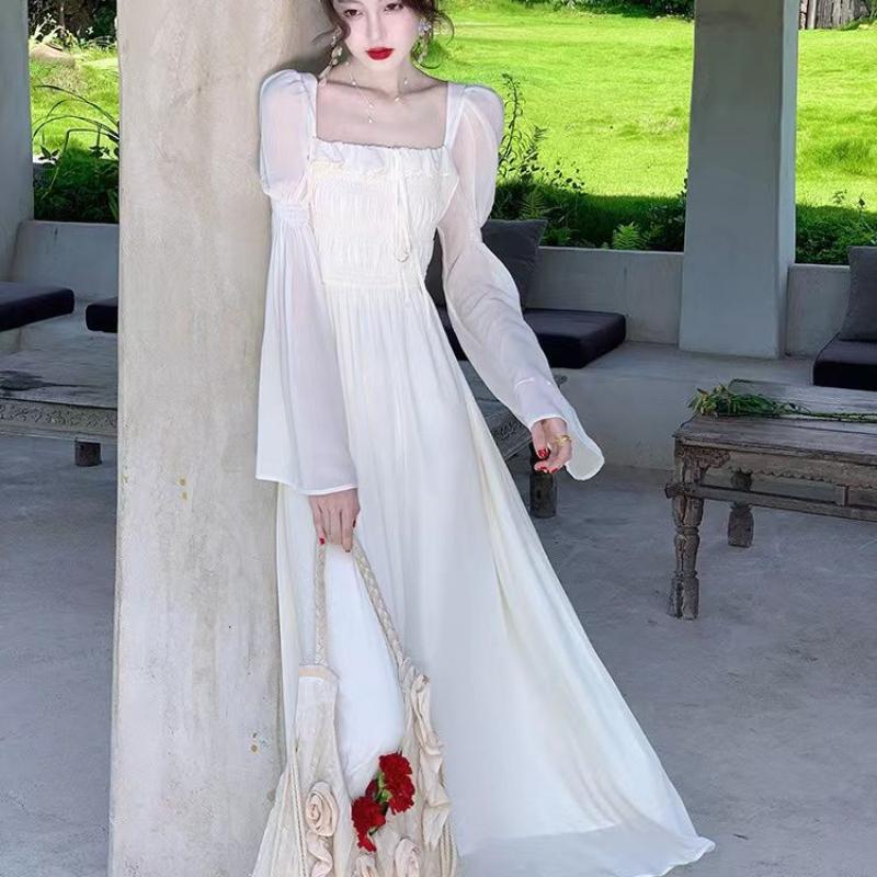 Spring Summer French Square Neck Fairy Dress Princess Dress Slimming Long Sleeve Dress Super Fairy Long White Skirt