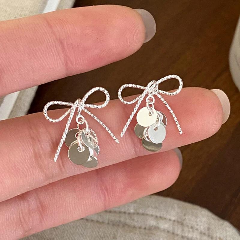Sweet Bow Sequin Metal Tassel Earrings for Women Light Luxury Niche Fashion Jewelry Personality Temperament Versatile Earrings