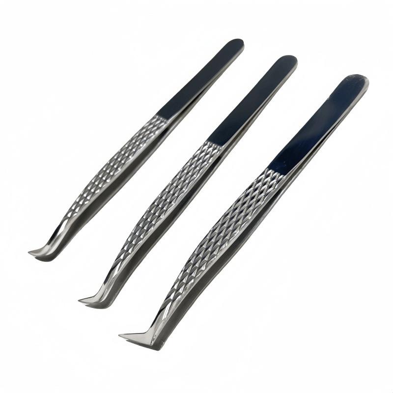 High Precision Diamond Pattern Eyelash Tweezers with Stainless Steel Fiber Tip