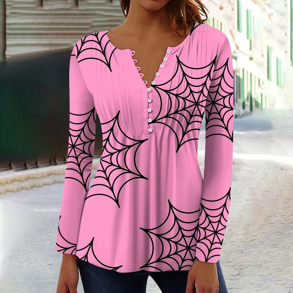 Dam Vår Höst Plisserad Knäppkrage Halloween Tryck Långärmad Topp