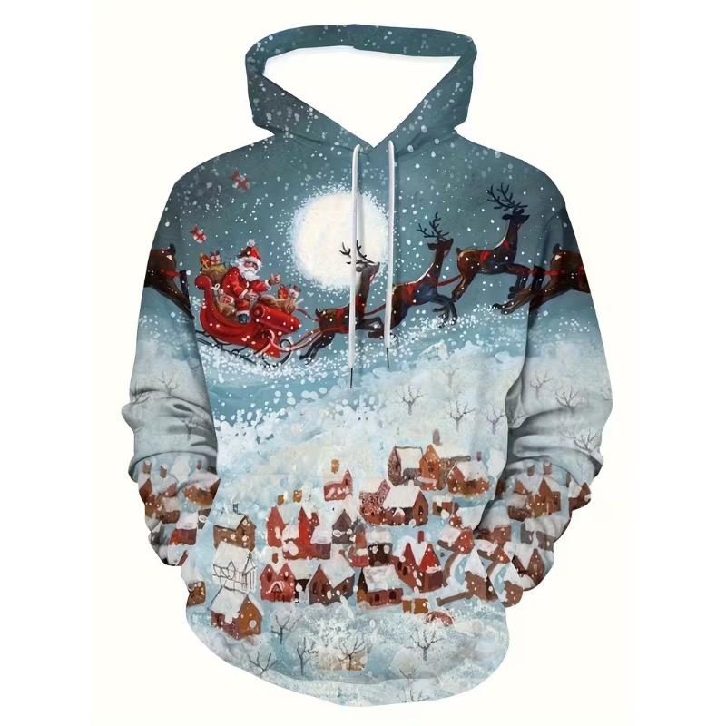 Módní pánská vánoční mikina s kapucí a stahovací šňůrkou z polyesterové tkaniny pro sváteční nošení s dlouhým rukávem a 3D potiskem