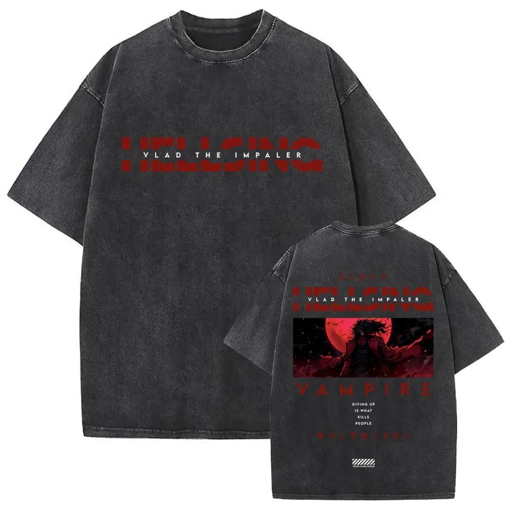 Hot Sale Anime Hellsing Abraham Van Helsing Vampire Alucard Print Tshirt Men Women Vintage Washed Cotton Summer Tee Oversize Top