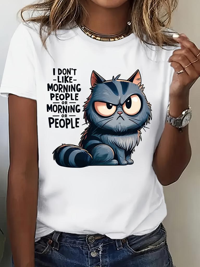 Womens Funny Cat Graphic TShirt I Dont Morning People Casual Crew Neck Sleeve Top Harajuku Sleeve Casual Aesthetic Clothes