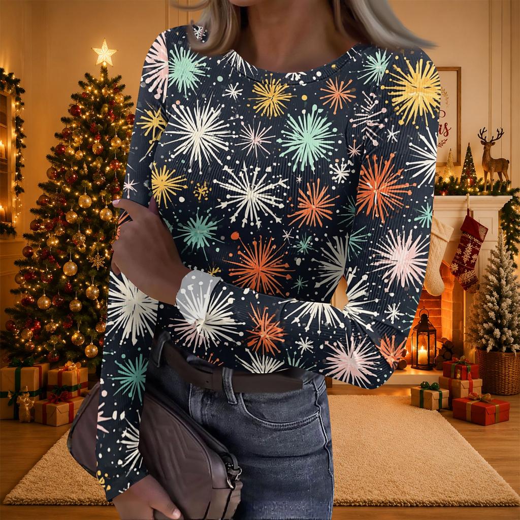Women's Casual Christmas Print Long Sleeve Ribbed Neck Top
