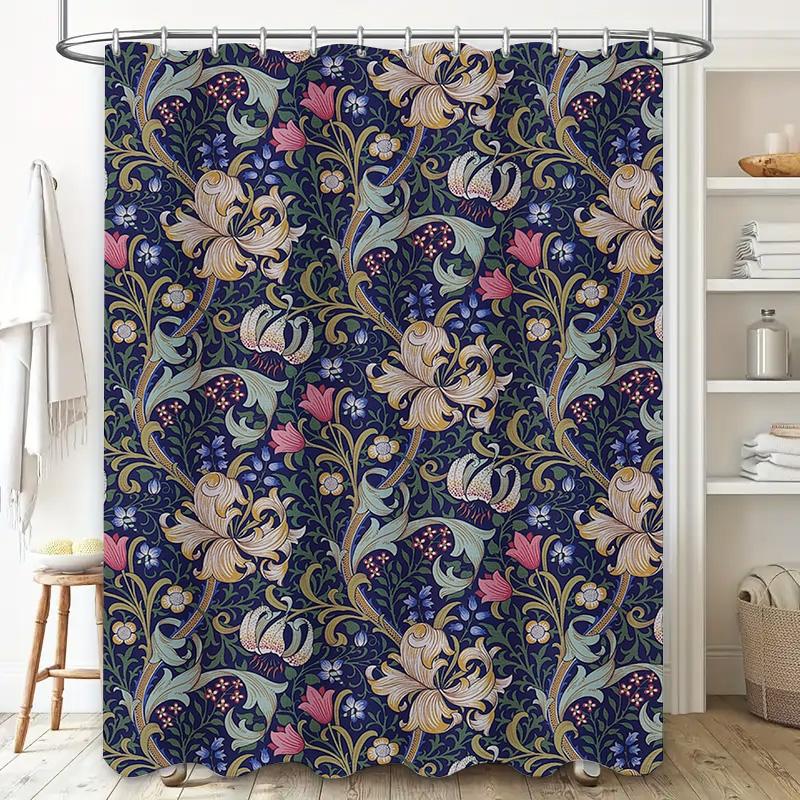 Floral Shower Curtain Blue, Pink White Design for Bathrooms Decor 3D Printed Waterproof Fabric Shower Panels (72x84inches)