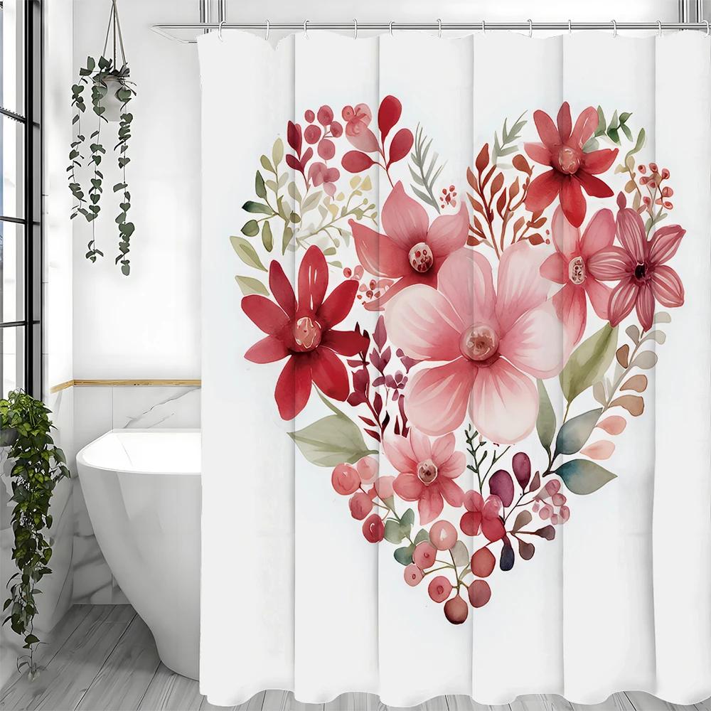 Love Flower Leaf Shower Curtain, Bathroom Decorative Shower Curtain, Waterproof Shower Curtain with Hooks