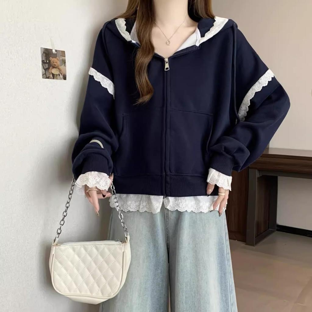 Inotenka Hoodie with Lace Flattering Slimming Loose Plus Long Solid Perfect for and Casual and Winter Women's Zip-Up Trim, Top, Outerwear, Fit, Cute,