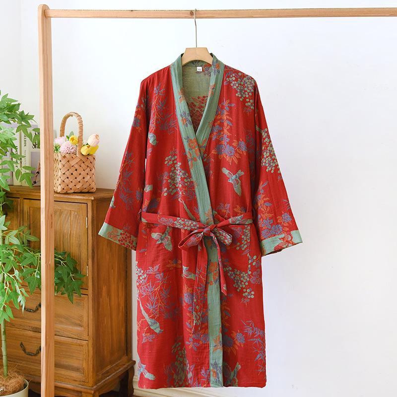 Dámská retro žakárová bavlněná yukata: Lehká jarní/podzimní noční košilka a pyžamo ve stylu kimona.