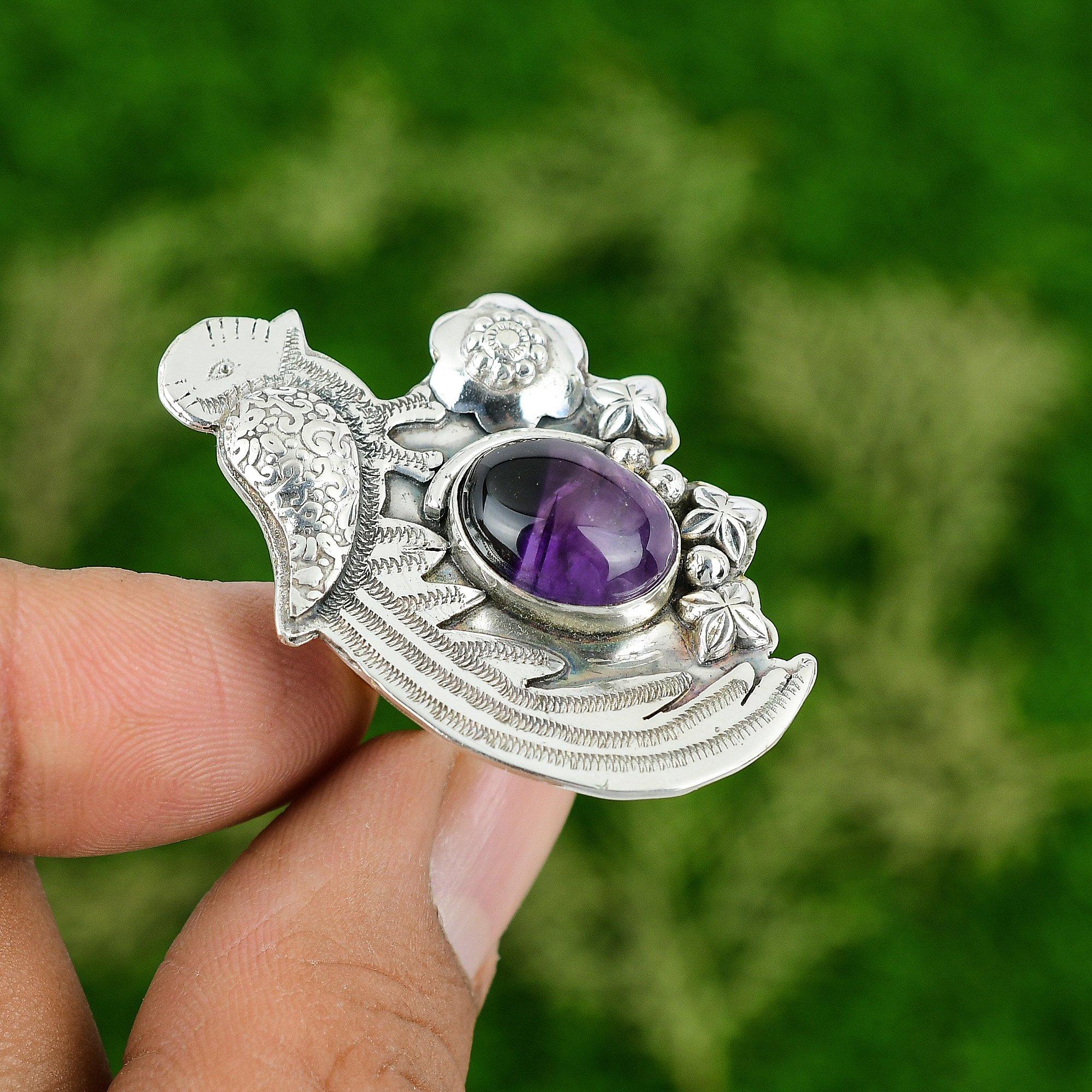 

Натуральный африканский аметист 925 серебро кольцо-заявление с птицей, регулируемое, для женщин Adjustable