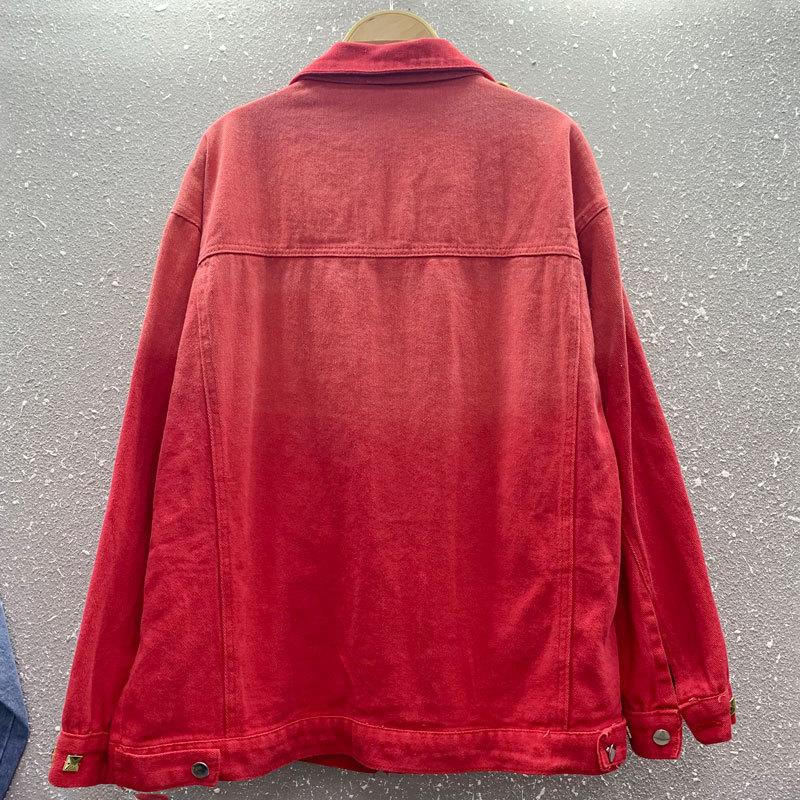 European and American Style Design Autumn and Winter New Heavy Industry Nail Drill Sequins Love Red Denim Jacket Women's Cross-border Trendy Brand