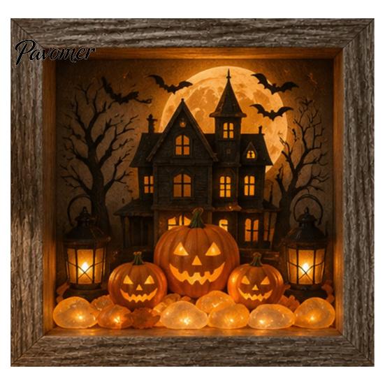 Handmade Halloween Room Decorations DIY Shadow Box Night Light Kit, 8.5 Inch Wooden Frame LED Craft Set with Fall Home Decor Projects Luminous Stones