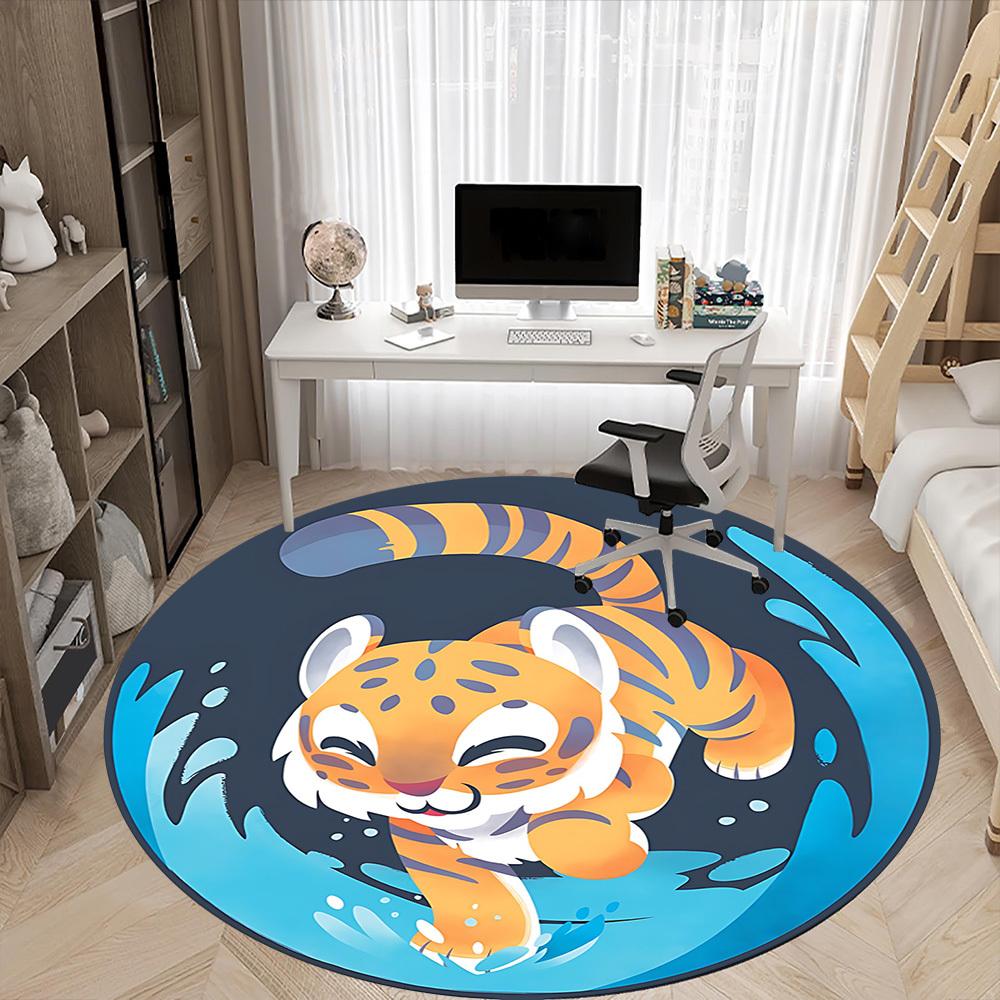 1PC Tiger Cub Water Play Office Round Area Rug, Mat Suitable For Office, Under Office Chairs Bedroom Living Room Home Decor, Room Deco