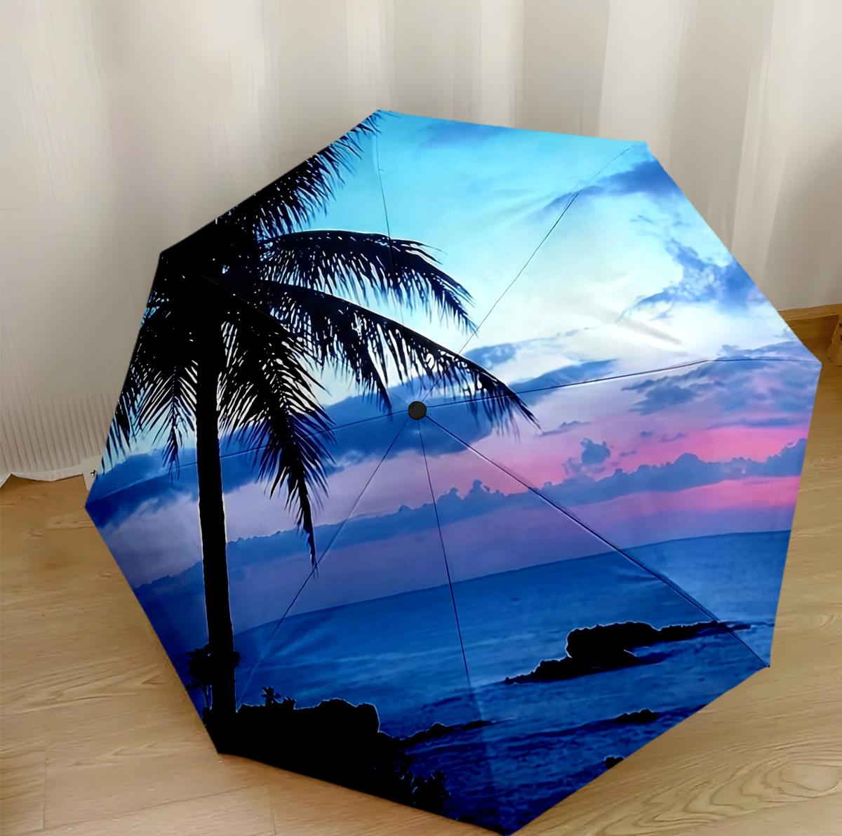 

Vacation style Sunset Palms Outdoor Automatic Umbrella Retractable Design with 8-Rib Durability Foldable Design All-Season Travel Elegant Umbrella