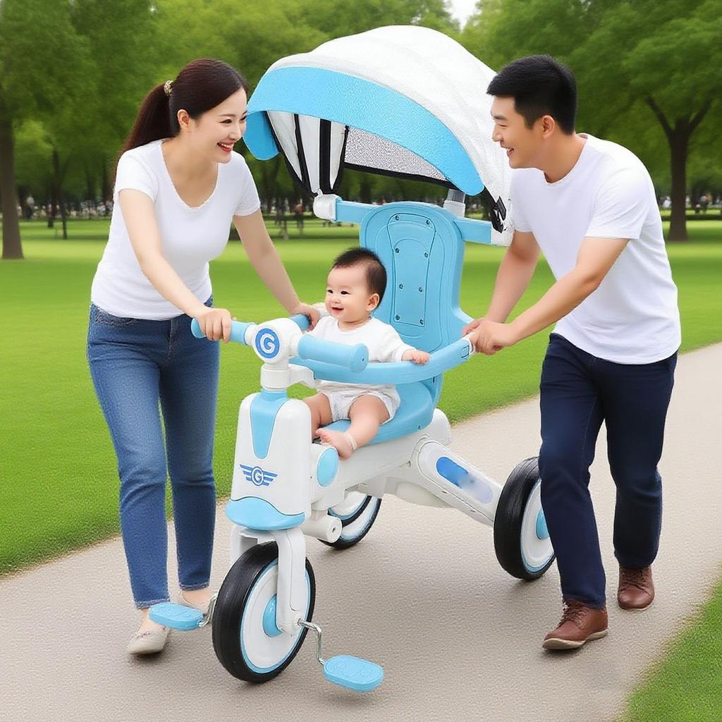 Baby Tricycle with   Parents Push Handle Music Light Folding Canopy Toddler Kids Trike for 18 Month to 5 Years Boys Girls