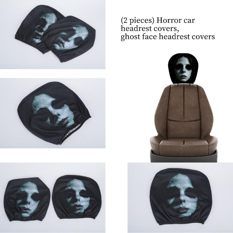 Vehicle Headrest Cover Set with Dark Print Halloween Theme, 2 Piece Polyester Pull-On Headrest Sleeve for Spooky Seat Styling Use