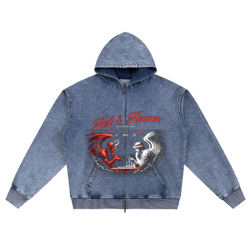 DTG Print Knitted Denim Zip-Up Hoodie Hell & Heaven Brother Print Zipper Hoodies  