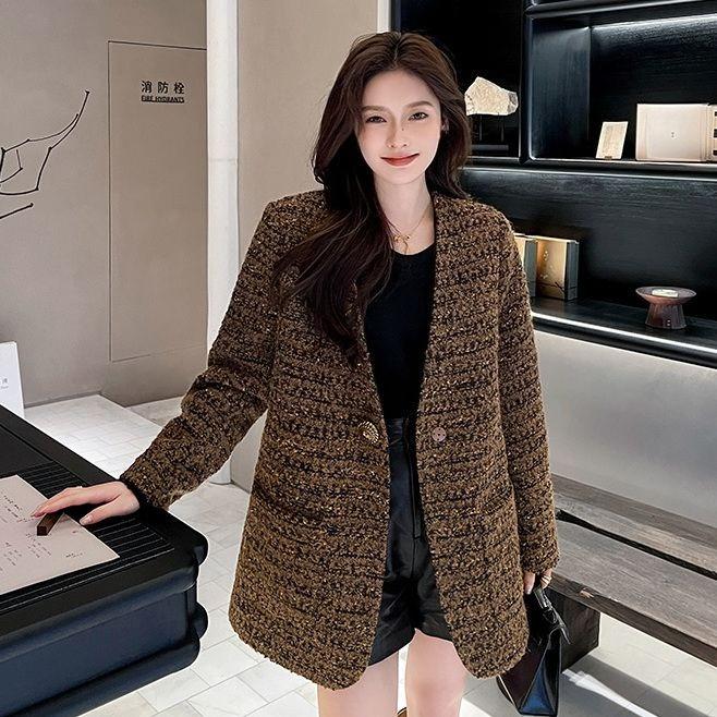 Women Tweed Jacket Premium Knitted Wool Blend Mid Long Coat Fashion Outerwear