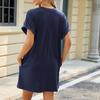 IHUASU Spring/Summer Solid Color Round Neck Loose Pocket Short Sleeve Women's Dress