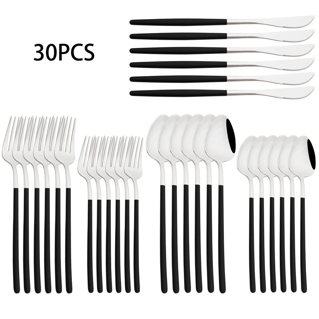 30-teiliges Weißgold Geschirrset Messer Dessertgabel Löffel Geschirr Edelstahl Besteck Spiegelbesteck Westliches Silberbesteck