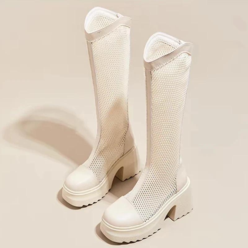 Fashion Sexy Mesh Hollow Boots Woman Summer 2025 Solid Size Zipper Mid-Calf Boots for Women Fashion Round Toe Platform Shoes Lady