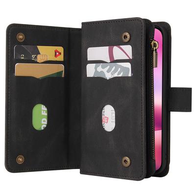For iPhone 16 Zipper Wallet Case with 15 Card Slots and Strap Leather Phone Cover
