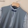 ZANZEA Women Casual Stand Collar Splice 3/4 Sleeve Loose Blouse