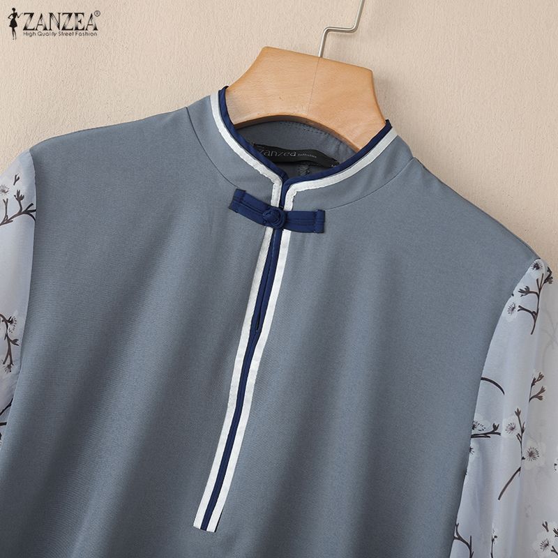 ZANZEA Women Casual Stand Collar Splice 3/4 Sleeve Loose Blouse