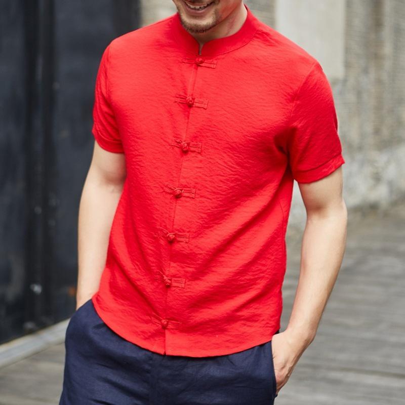 2025 Men's Slim Fit Chinese Style Short Sleeve Shirt with Frog Button and Stand Collar