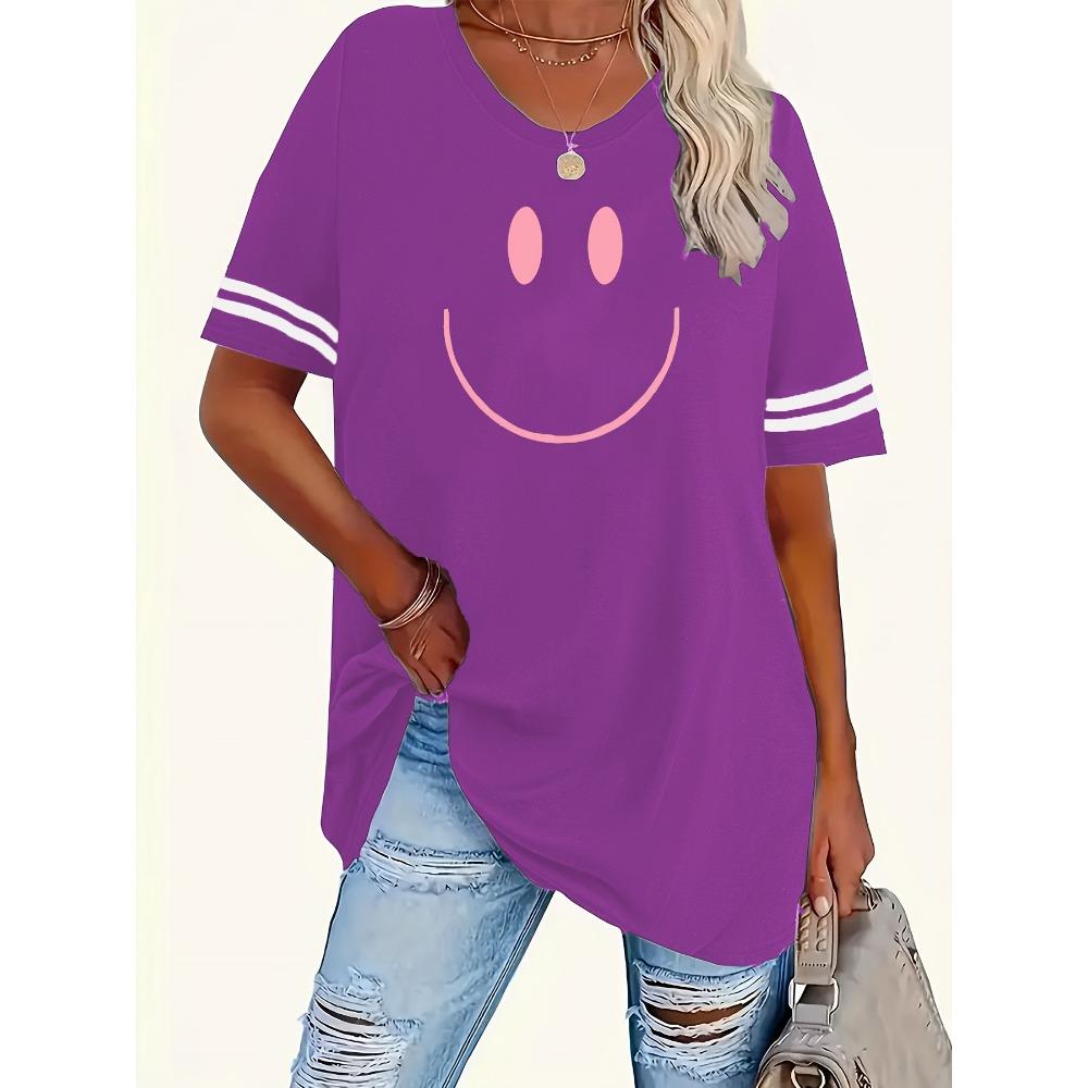 Women's Printed Round Neck Short Sleeved Striped T-shirt