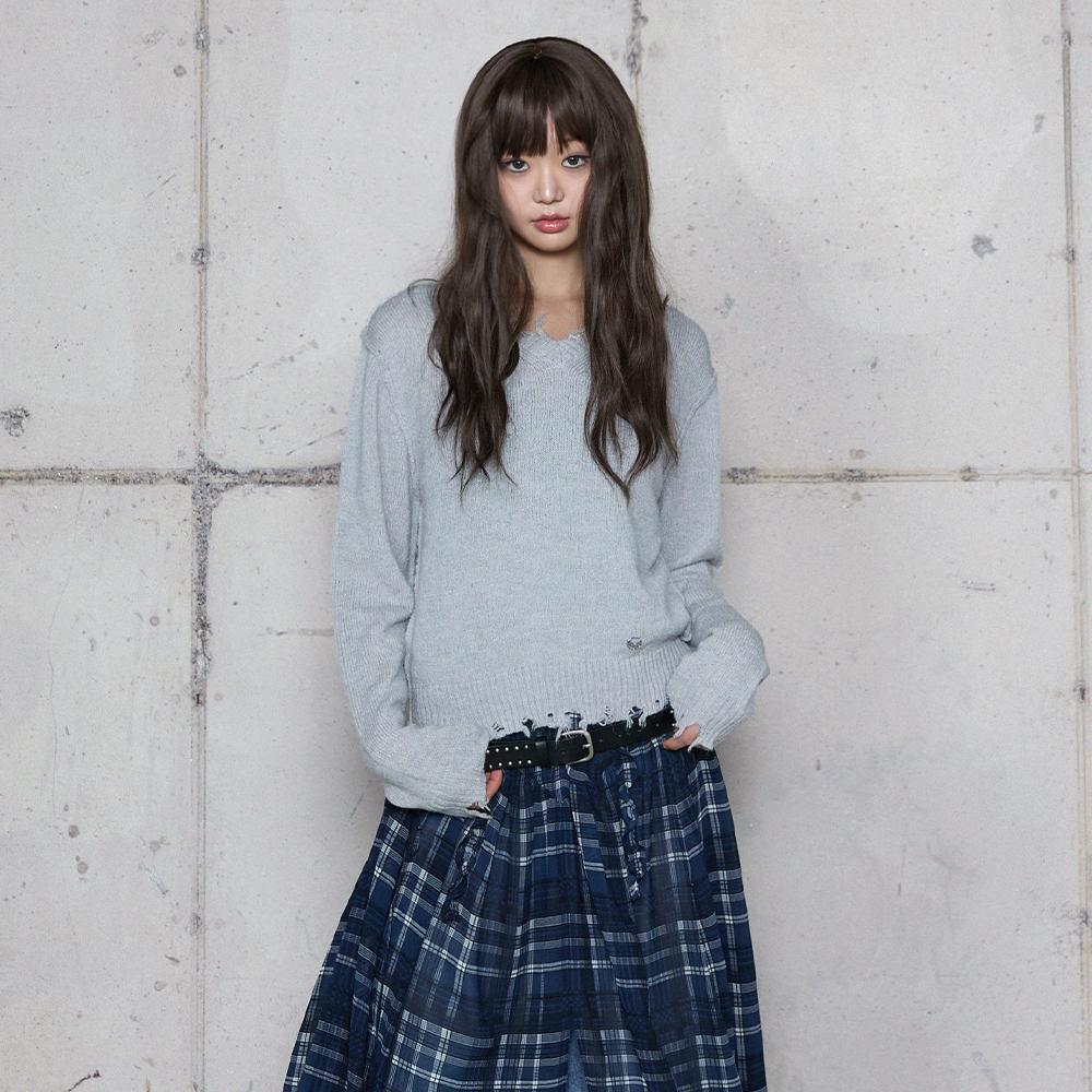 LALAFOX Destroyed V-Neck Knit Grey Br4Kl001