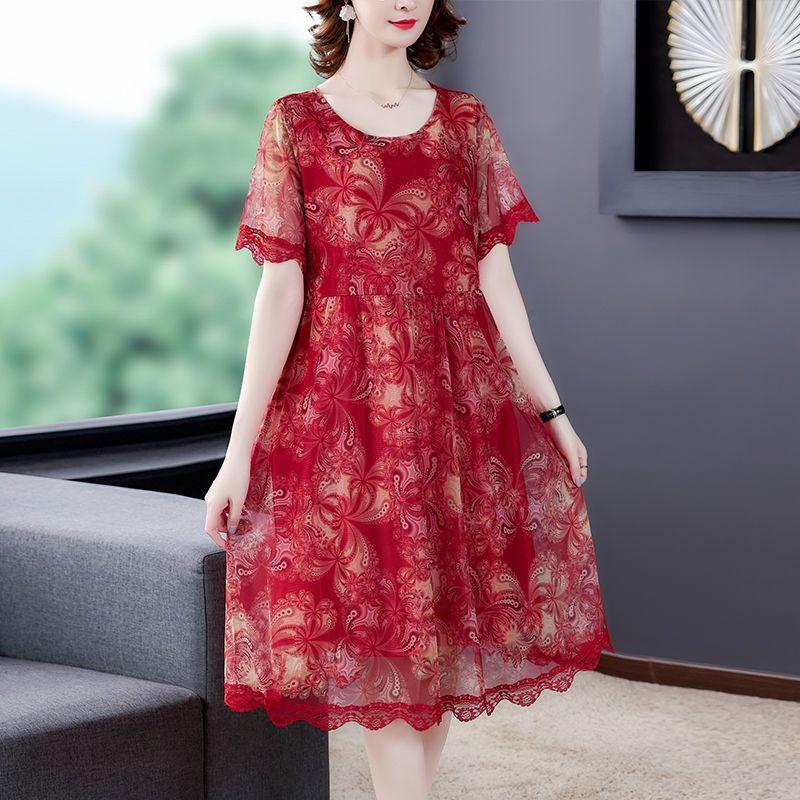 Chiffon Dress Mid-length Plus Size Printed Floral Over-the-knee Dress O-Neck Short Sleeve Loose