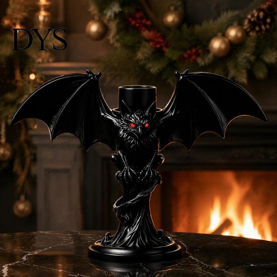 Gotycki Świecznik Nietoperz Halloweenowy Uchwyt Diabła, Skrzydlaty Świecznik z Figurką z Matowej Czarnej Żywicy Czerwone Oczy, Świeczniki Ozdoby Stołowe Stojak na Oczy