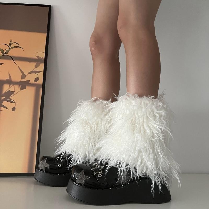Fuzzy Faux Furs Leg Warmers Furs Heels Long Boots Cuffs Cover Has Elastic One Pair Carnivals Boot Cover Y2K JK Uniform