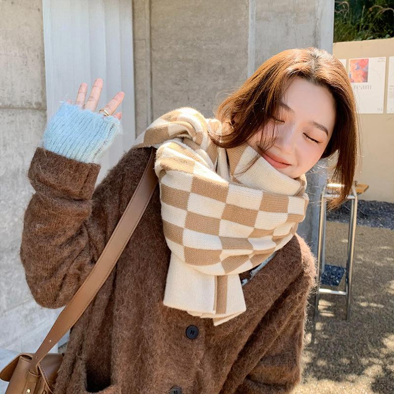 Large Checkerboard Scarf for Women in Autumn and Winter Black and White Plaid Korean Style All Match Winter Warm Long Scarf