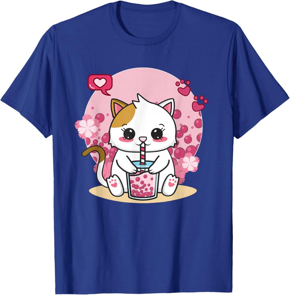 Kawaii Cat Boba Tea Drink Lover Graphic Tee Cute Anime Neko Kitten T-Shirt Unisex Casual Trip