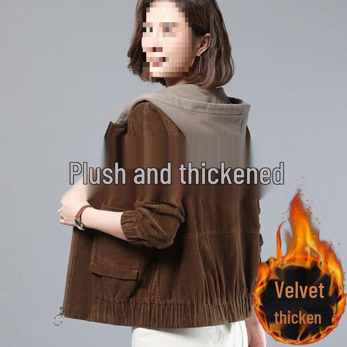 

Women s Plus Velvet Corduroy Short Jacket - Korean Style, Loose Fit, for Spring, Autumn, and Winter 2025, Middle-aged Fashion M кофейный