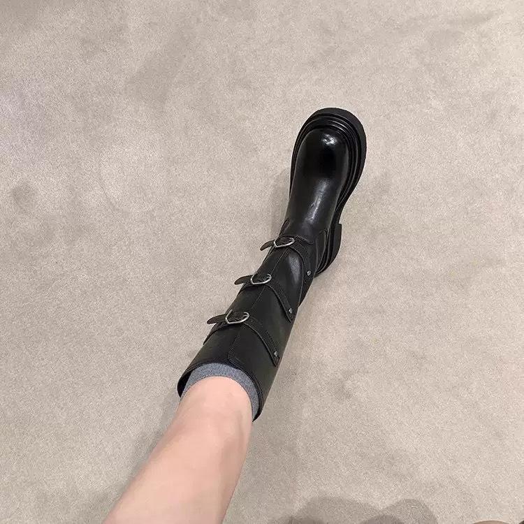 Cowhide Su Yinyin 6cm thick-soled but knee boots women's autumn and winter belt buckle thin boots western knight boots