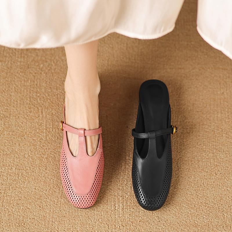 Fashion Women's New Summer Genuine Leather Cowhide Breathable Hole Round Head, Mid Heel, Plus Size Belt Buckle Headband, Mueller Slippes